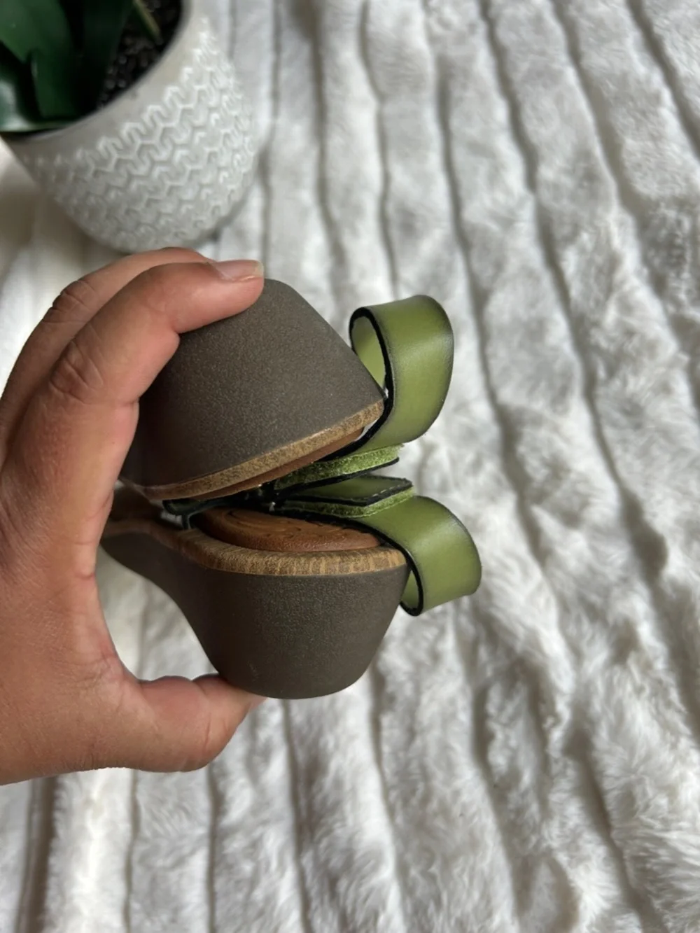 Clarks Olive Green and Brown Leather T-Strap Sandals